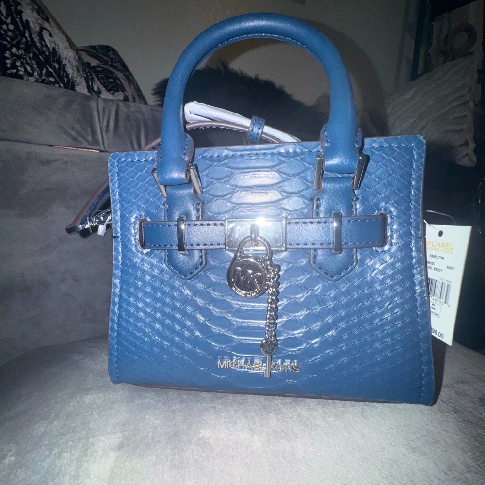 Michael Kors Hamilton XS Navy Snake Satchel Crossbody Bag Women's Purse - Picture 1 of 3